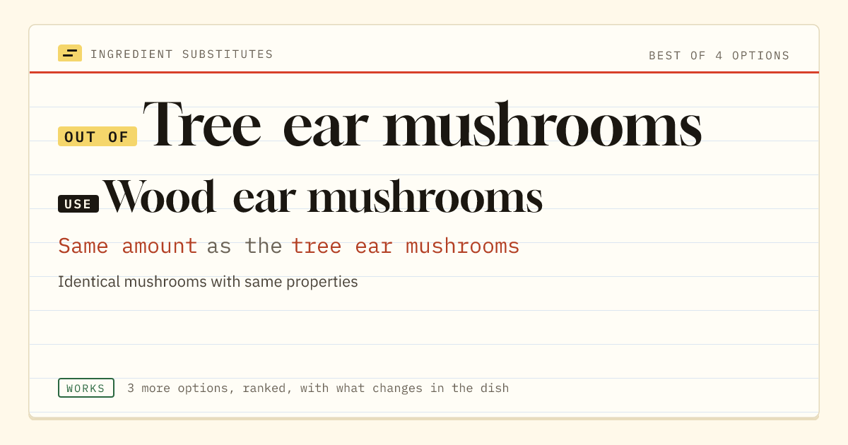 Tree ear mushrooms substitute: use wood ear mushrooms. Same amount as the tree ear mushrooms.