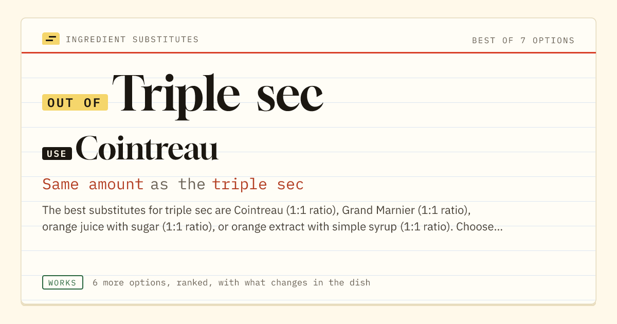 Triple sec substitute: use Cointreau. Same amount as the triple sec.