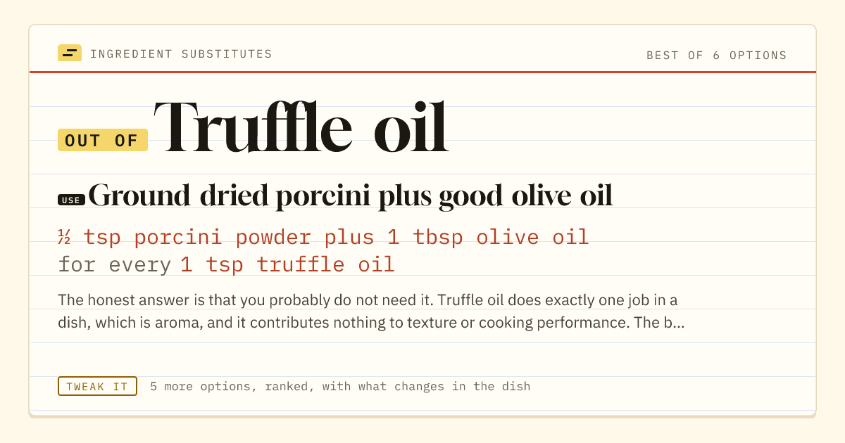Truffle oil substitute: use ground dried porcini plus good olive oil. ½ tsp porcini powder plus 1 tbsp olive oil for every 1 tsp truffle oil.