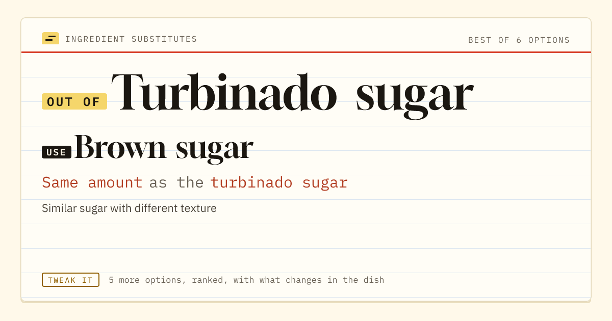 Turbinado sugar substitute: use brown sugar. Same amount as the turbinado sugar.