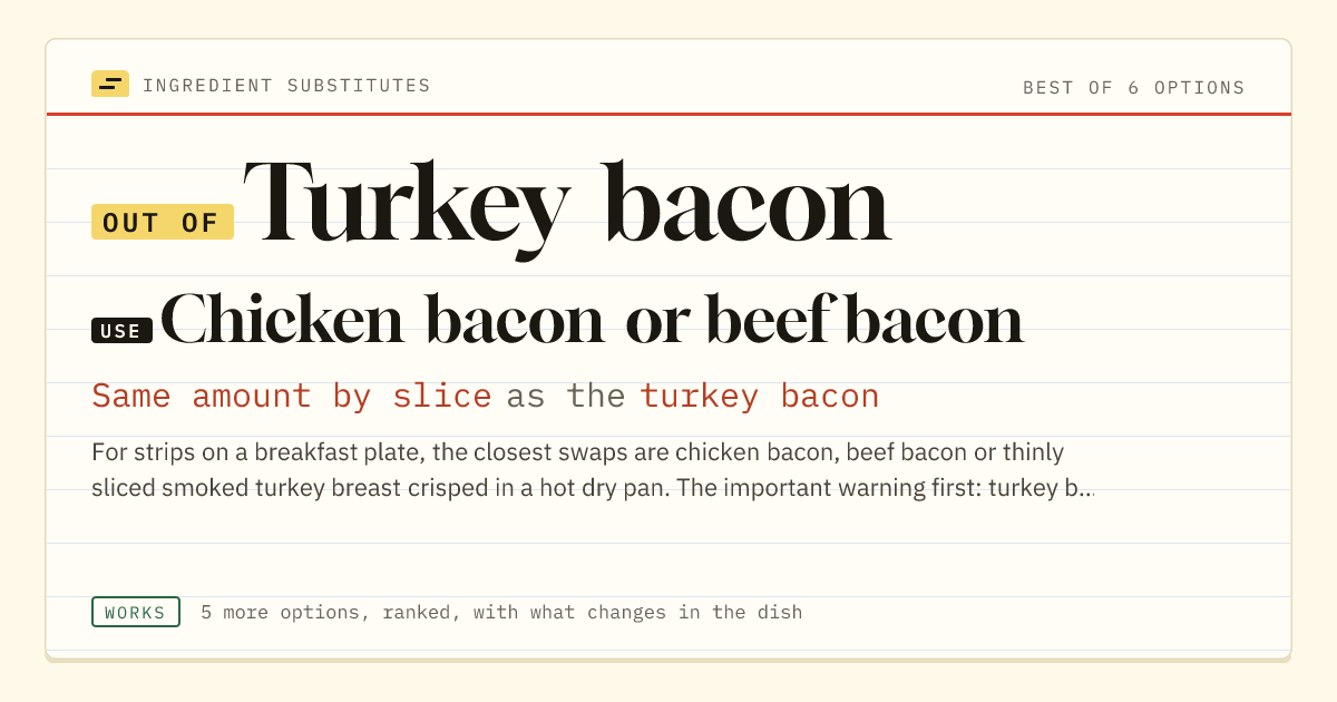 Turkey bacon substitute: use chicken bacon or beef bacon. Same amount by slice as the turkey bacon.