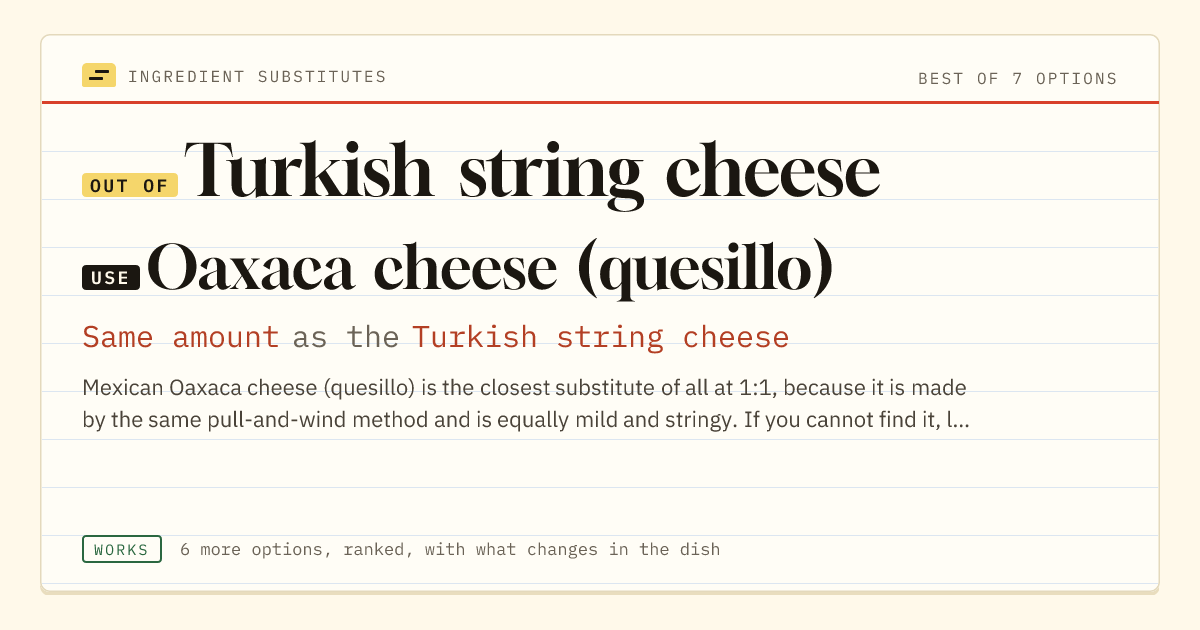 Turkish string cheese substitute: use Oaxaca cheese (quesillo). Same amount as the Turkish string cheese.
