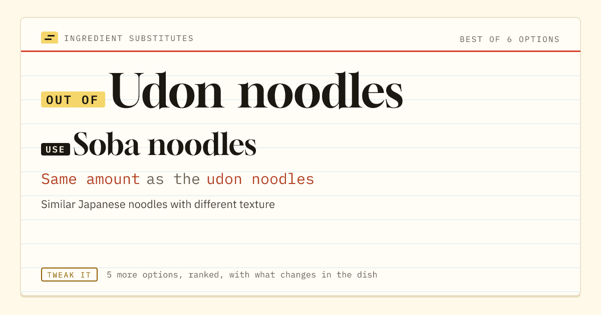 Udon noodles substitute: use soba noodles. Same amount as the udon noodles.