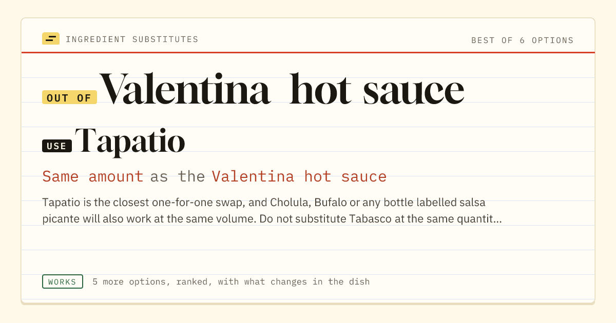 Valentina hot sauce substitute: use tapatio. Same amount as the Valentina hot sauce.