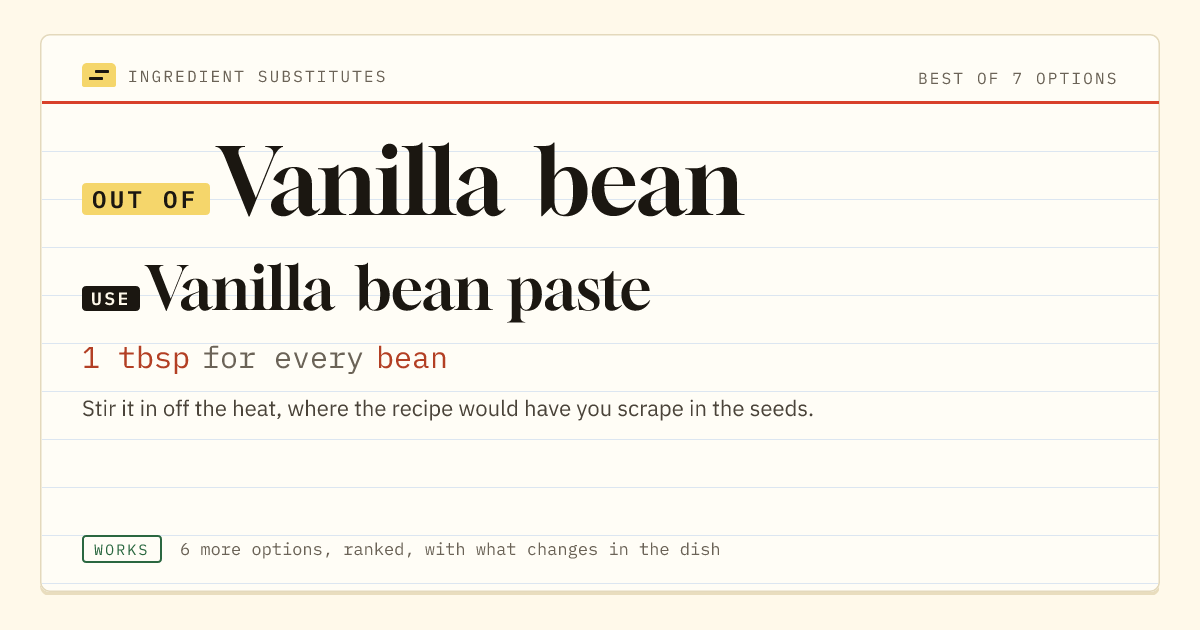 Vanilla bean substitute: use vanilla bean paste. 1 tbsp for every bean.