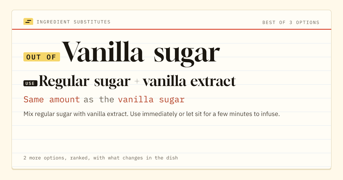 Vanilla sugar substitute: use regular sugar + vanilla extract. Same amount as the vanilla sugar.