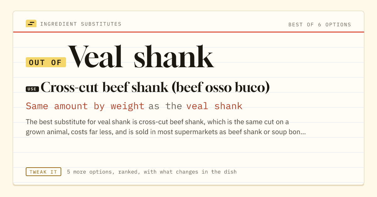 Veal shank substitute: use cross-cut beef shank (beef osso buco). Same amount by weight as the veal shank.