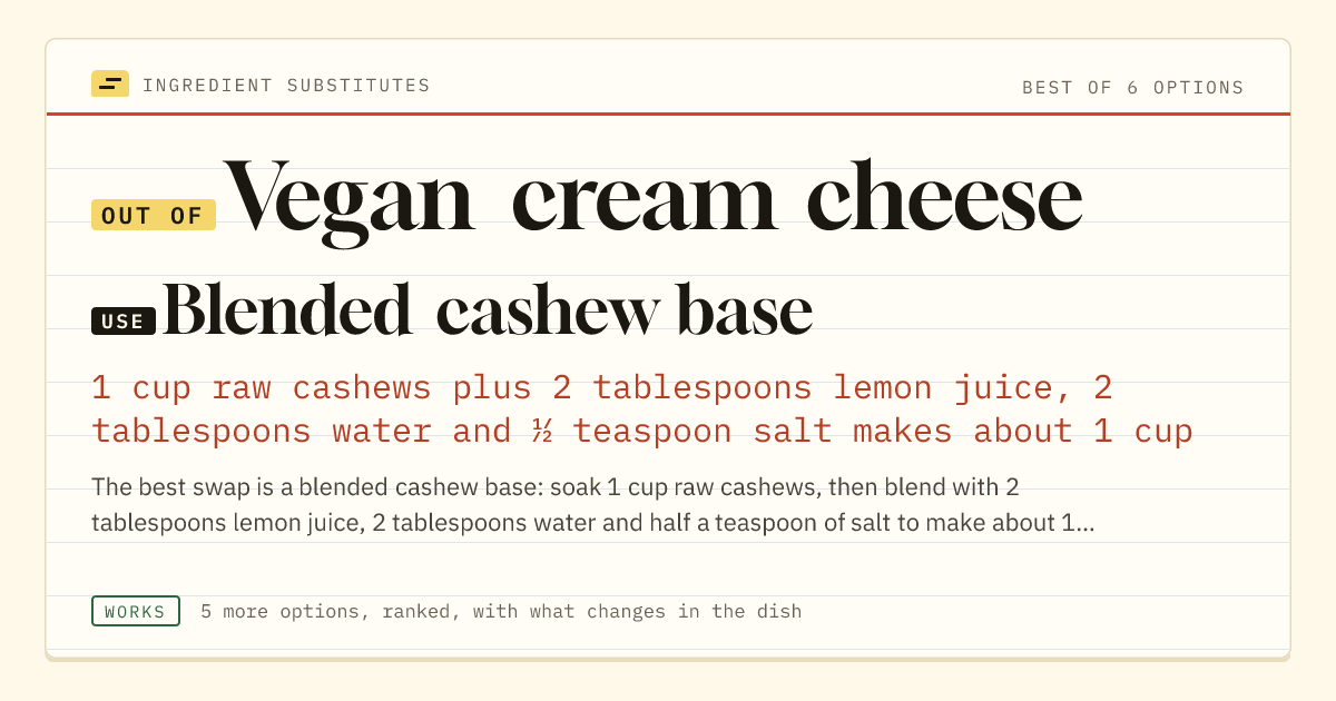 Vegan cream cheese substitute: use blended cashew base. 1 cup raw cashews plus 2 tablespoons lemon juice, 2 tablespoons water and ½ teaspoon salt makes about 1 cup.
