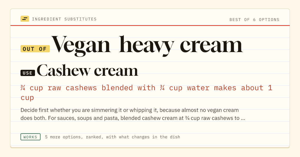 Vegan heavy cream substitute: use cashew cream. ¾ cup raw cashews blended with ¾ cup water makes about 1 cup.