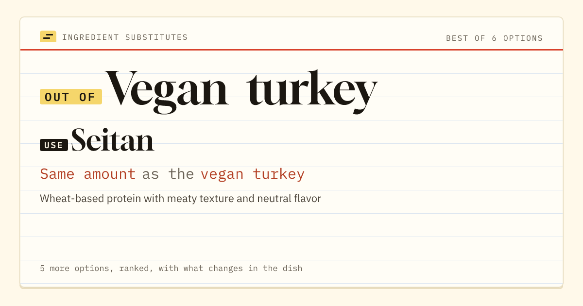Vegan turkey substitute: use seitan. Same amount as the vegan turkey.