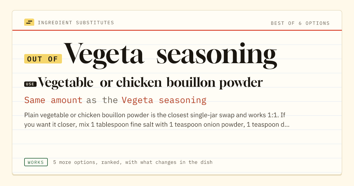 Vegeta seasoning substitute: use vegetable or chicken bouillon powder. Same amount as the Vegeta seasoning.