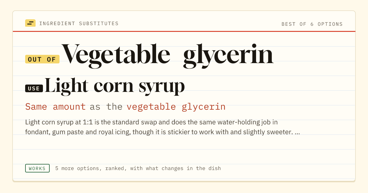 Vegetable glycerin substitute: use light corn syrup. Same amount as the vegetable glycerin.