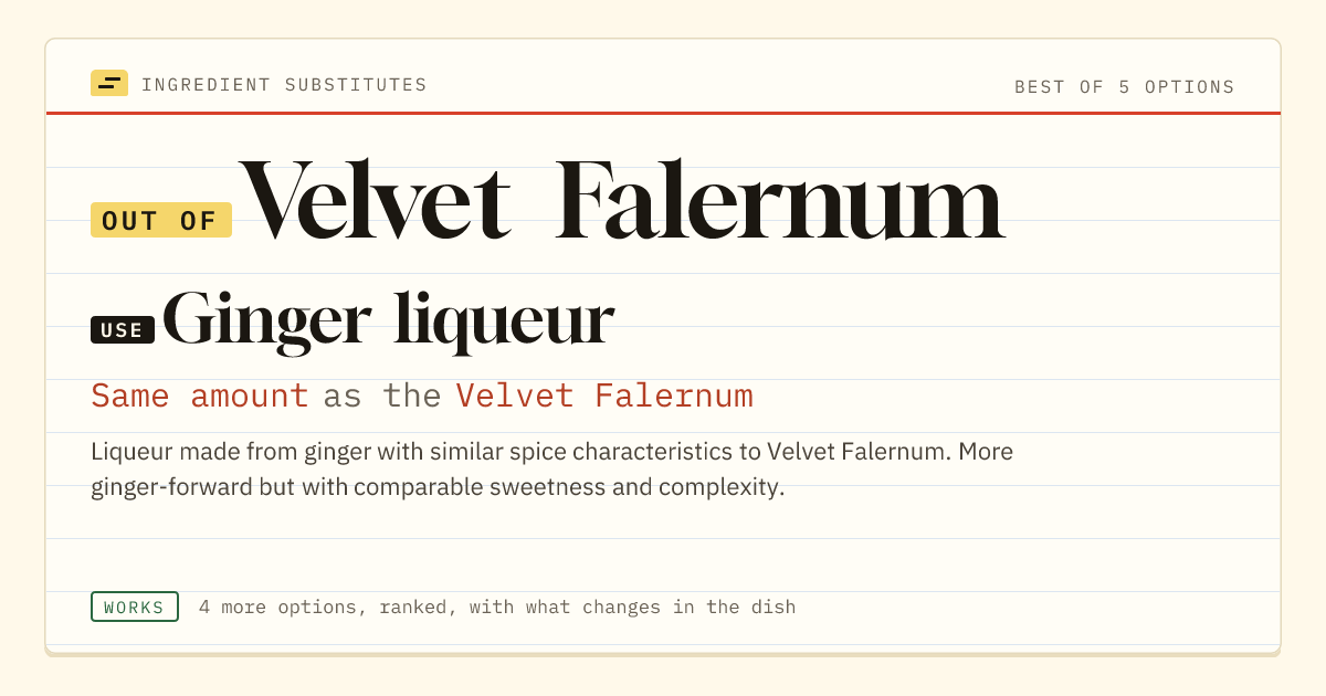 Velvet Falernum substitute: use ginger liqueur. Same amount as the Velvet Falernum.