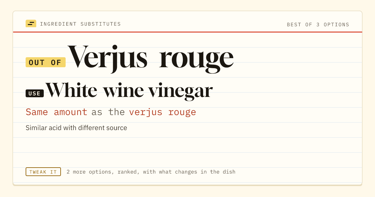 Verjus rouge substitute: use white wine vinegar. Same amount as the verjus rouge.