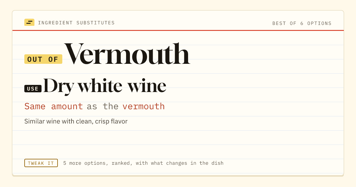 Vermouth substitute: use dry white wine. Same amount as the vermouth.