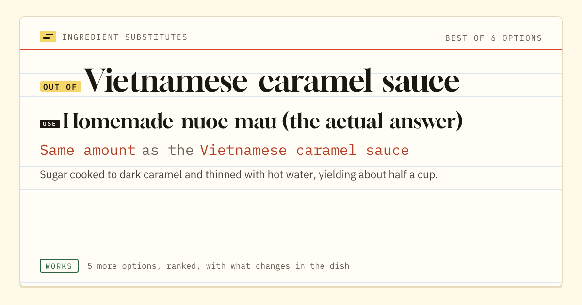 Vietnamese caramel sauce substitute: use homemade nuoc mau (the actual answer). Same amount as the Vietnamese caramel sauce.