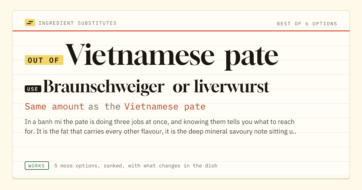 Vietnamese pate substitute: use Braunschweiger or liverwurst. Same amount as the Vietnamese pate.