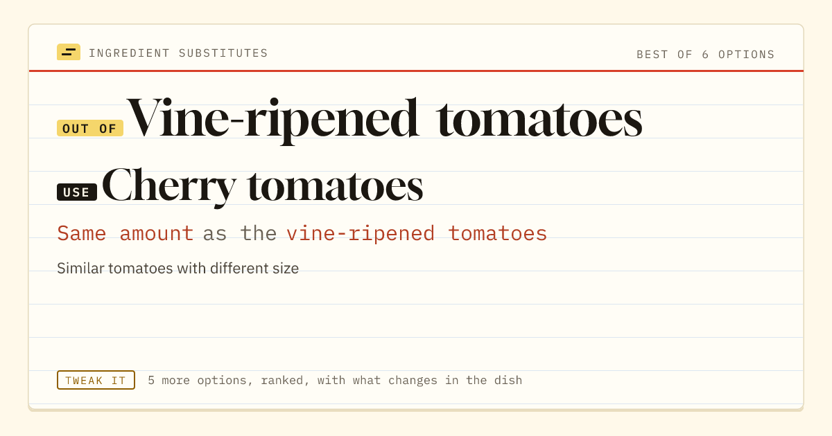 Vine-ripened tomatoes substitute: use cherry tomatoes. Same amount as the vine-ripened tomatoes.
