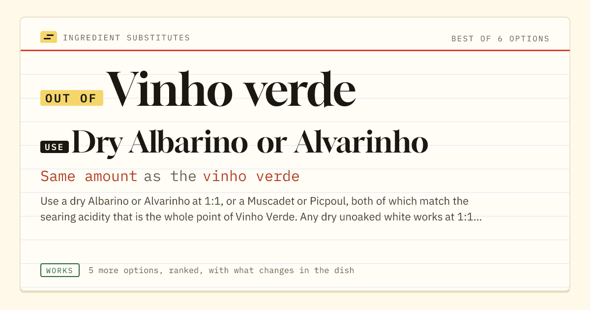 Vinho verde substitute: use dry Albarino or Alvarinho. Same amount as the vinho verde.