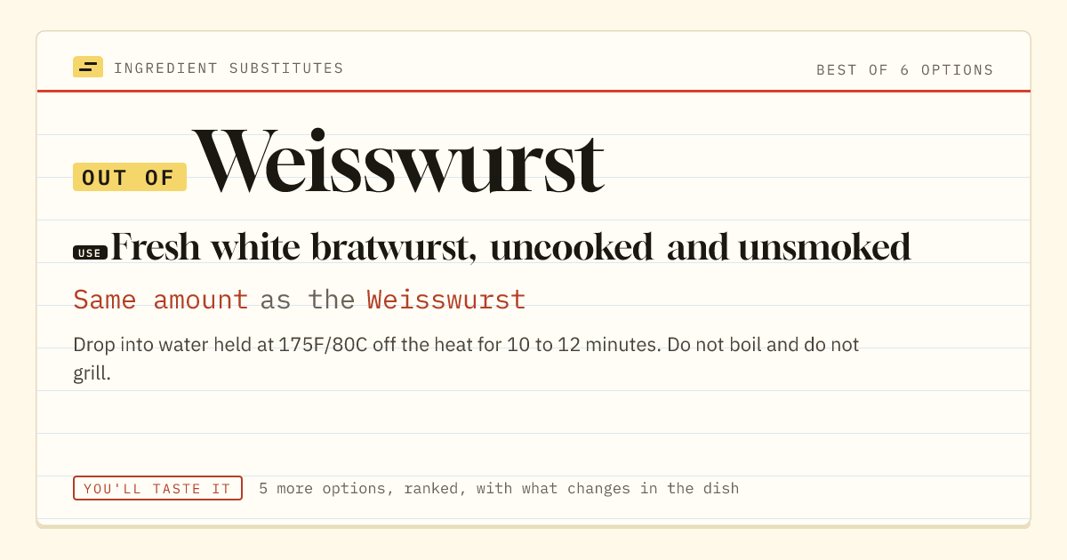 Weisswurst substitute: use fresh white bratwurst, uncooked and unsmoked. Same amount as the Weisswurst.