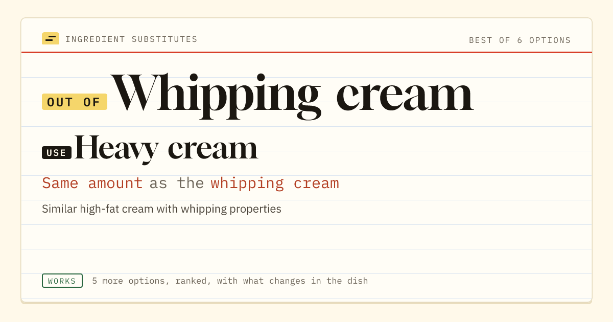 Whipping cream substitute: use heavy cream. Same amount as the whipping cream.