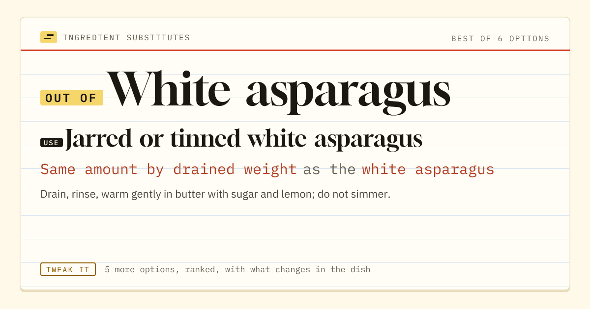 White asparagus substitute: use jarred or tinned white asparagus. Same amount by drained weight as the white asparagus.