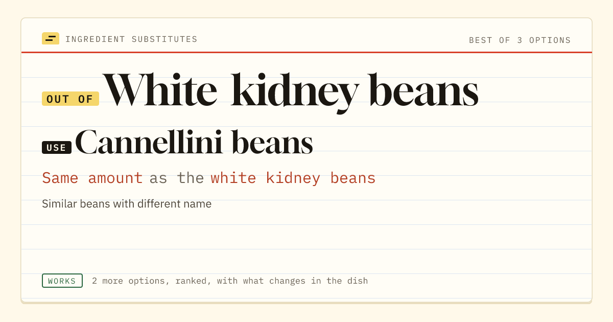 White kidney beans substitute: use cannellini beans. Same amount as the white kidney beans.