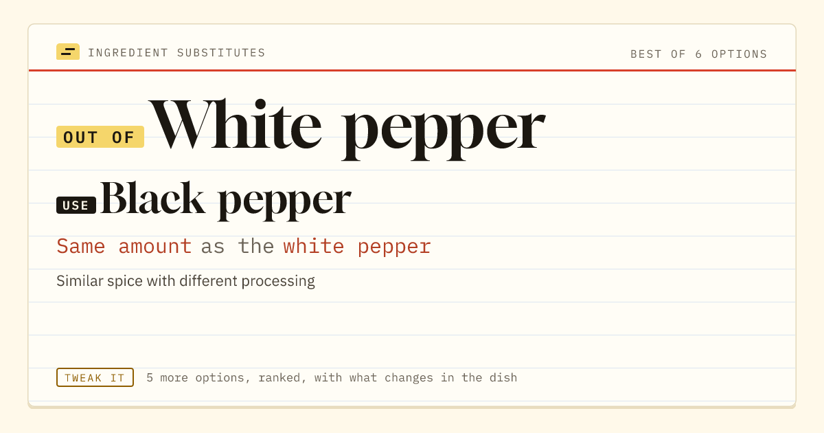 White pepper substitute: use black pepper. Same amount as the white pepper.
