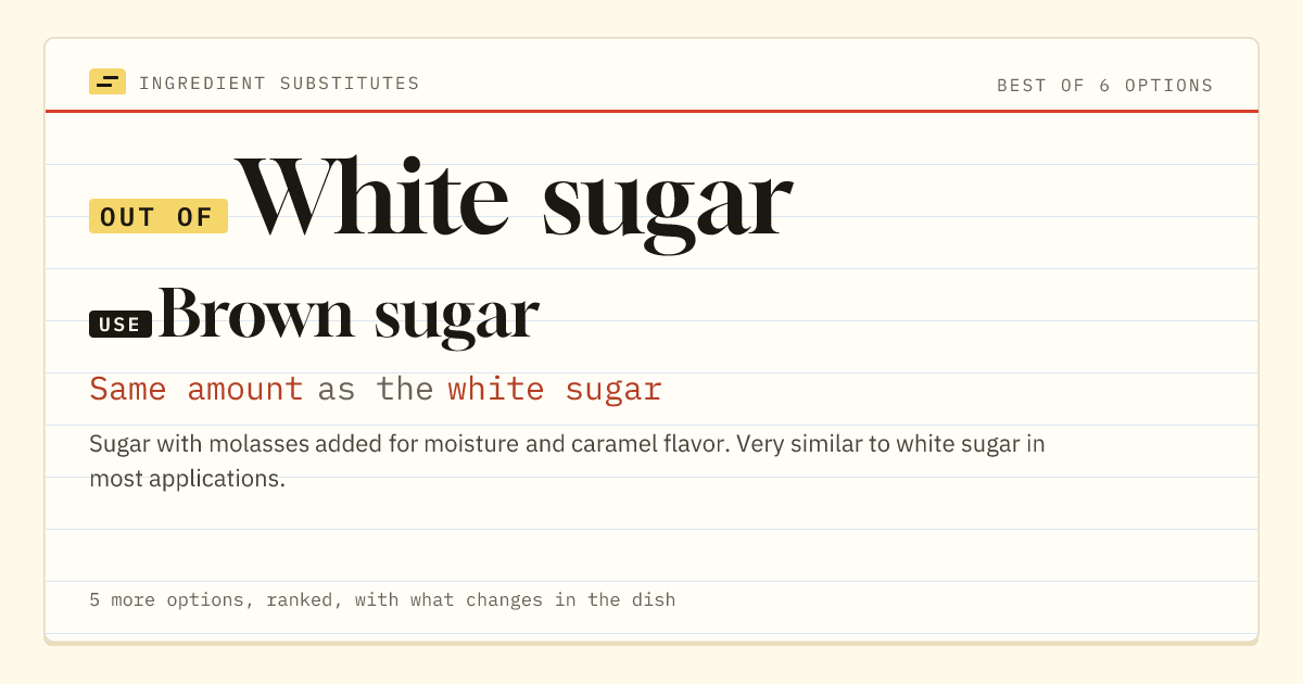 White sugar substitute: use brown sugar. Same amount as the white sugar.