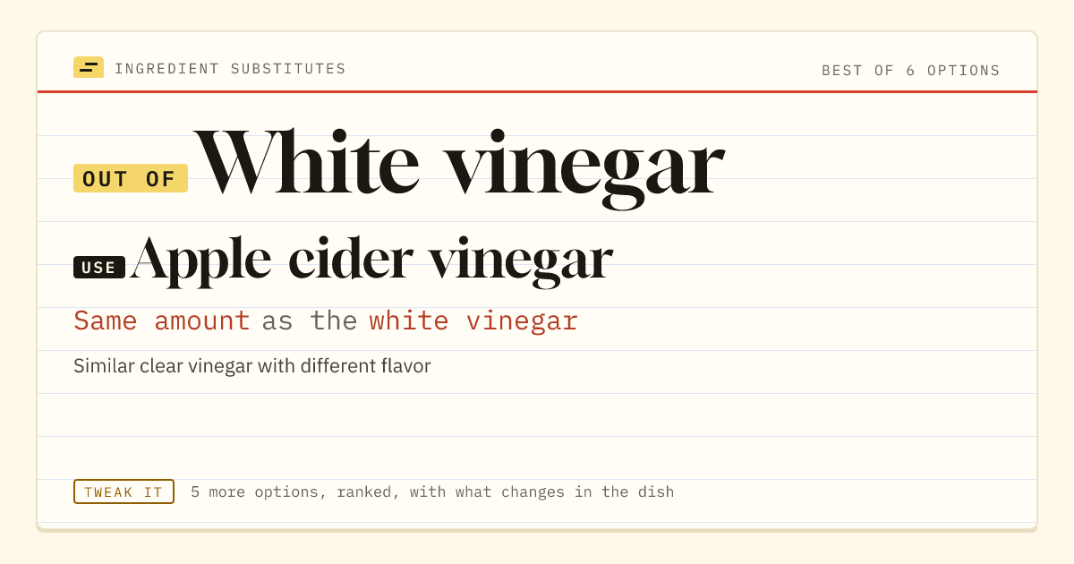 White vinegar substitute: use apple cider vinegar. Same amount as the white vinegar.