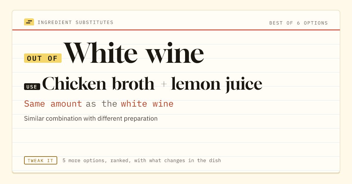 White wine substitute: use chicken broth + lemon juice. Same amount as the white wine.