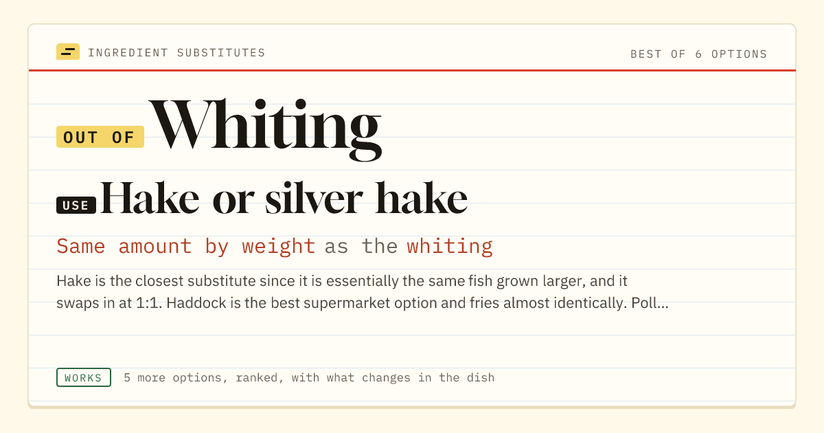 Whiting substitute: use hake or silver hake. Same amount by weight as the whiting.