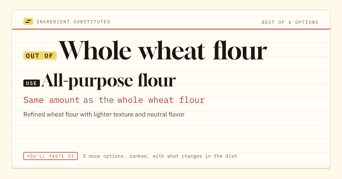 Whole wheat flour substitute: use all-purpose flour. Same amount as the whole wheat flour.