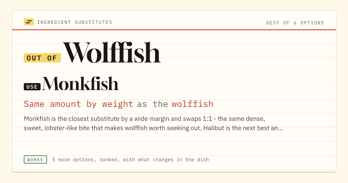 Wolffish substitute: use monkfish. Same amount by weight as the wolffish.