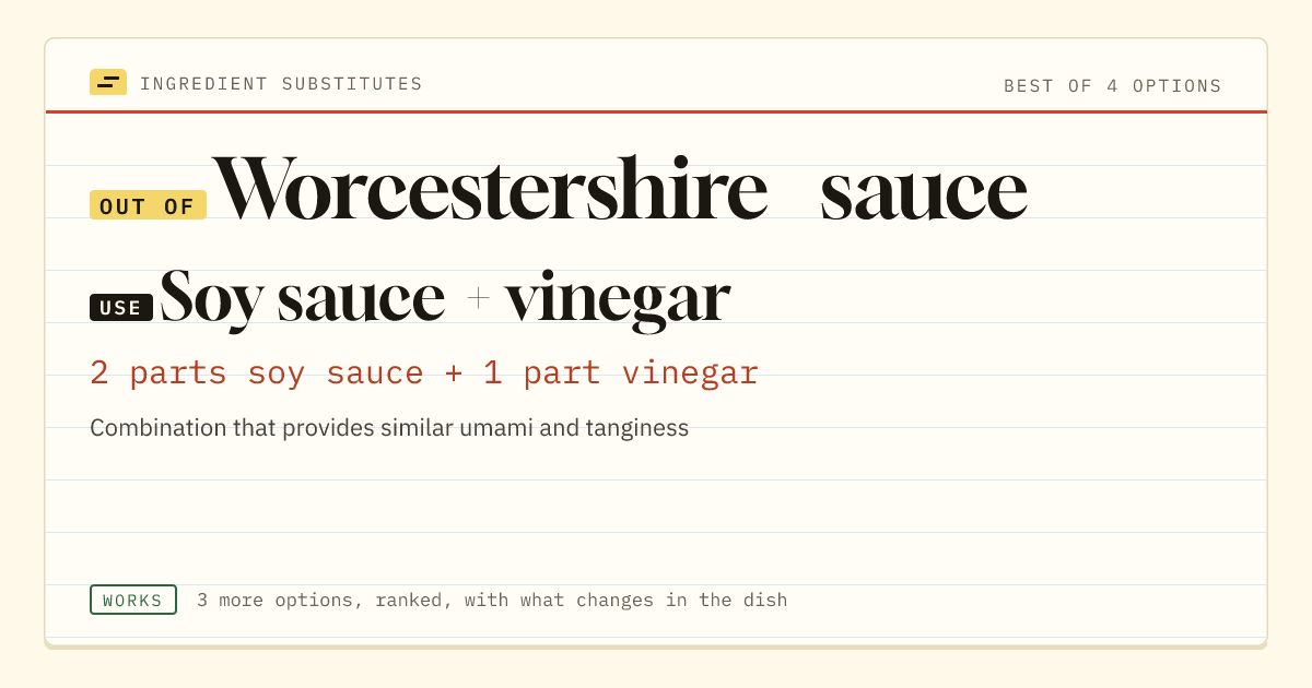 Worcestershire sauce substitute: use soy sauce + vinegar. 2 parts soy sauce + 1 part vinegar.
