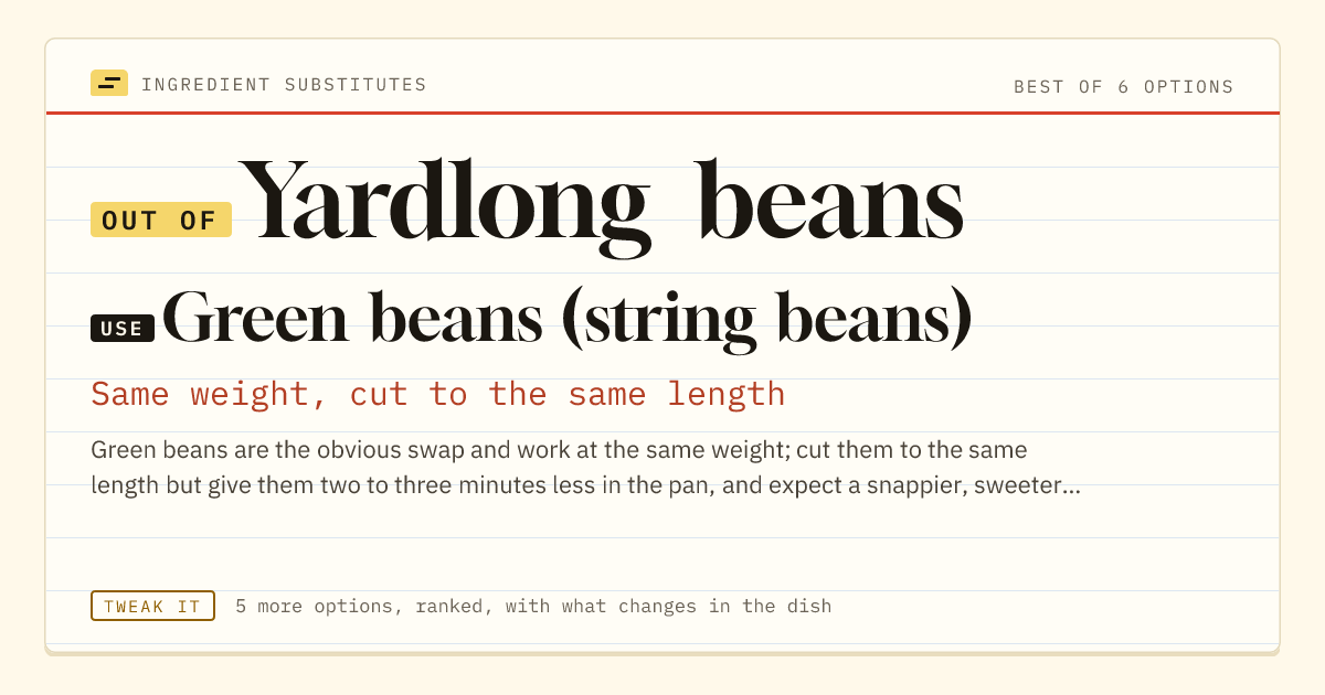 Yardlong beans substitute: use green beans (string beans). Same weight, cut to the same length.