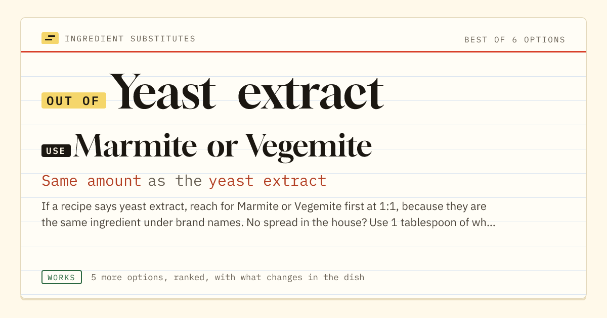 Yeast extract substitute: use Marmite or Vegemite. Same amount as the yeast extract.