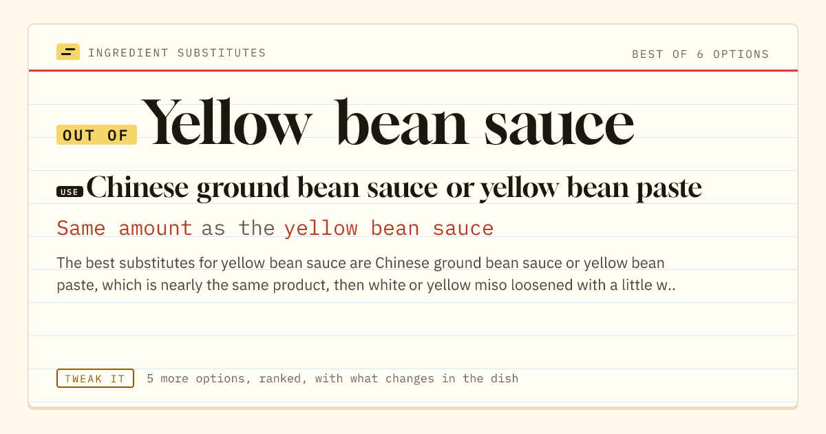 Yellow bean sauce substitute: use Chinese ground bean sauce or yellow bean paste. Same amount as the yellow bean sauce.