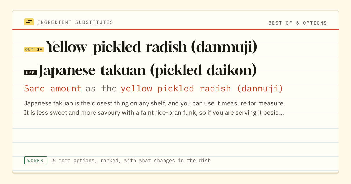 Yellow pickled radish (danmuji) substitute: use Japanese takuan (pickled daikon). Same amount as the yellow pickled radish (danmuji).