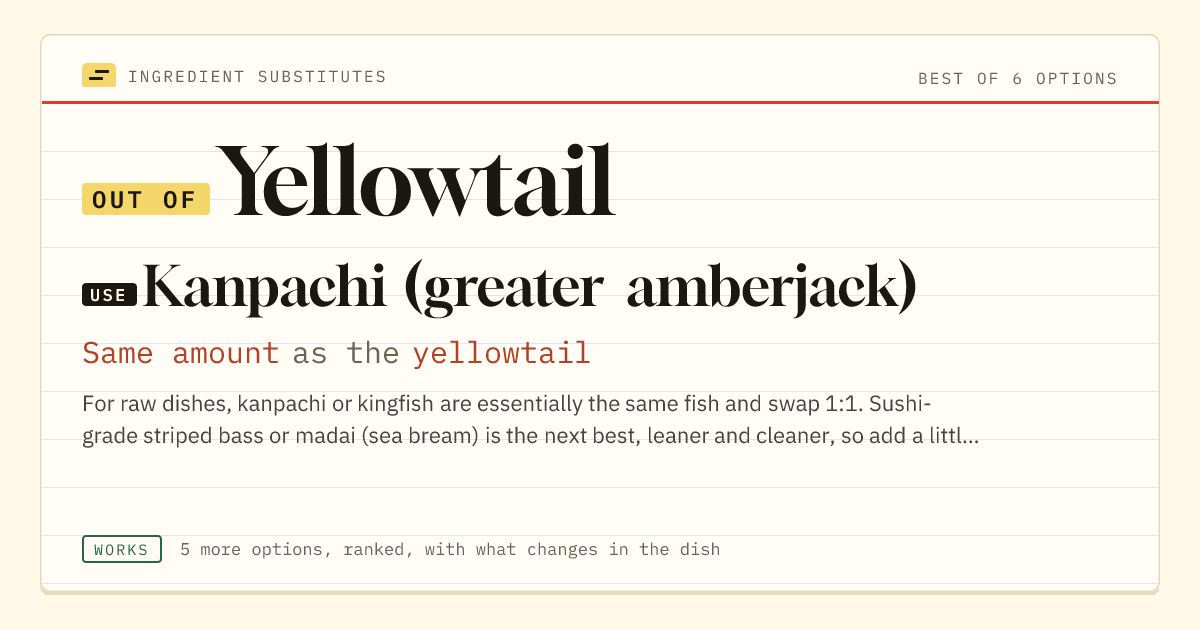 Yellowtail substitute: use kanpachi (greater amberjack). Same amount as the yellowtail.