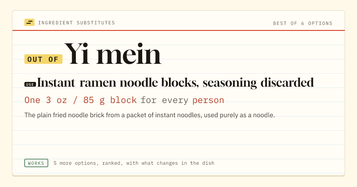Yi mein substitute: use instant ramen noodle blocks, seasoning discarded. One 3 oz / 85 g block for every person.