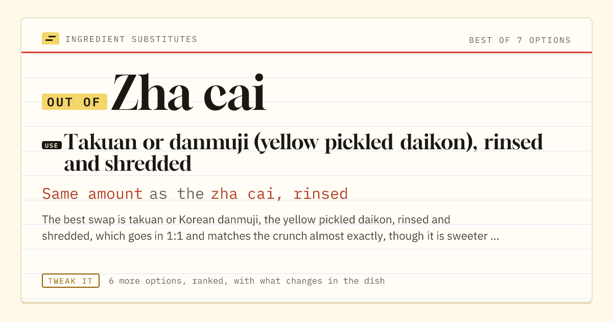 Zha cai substitute: use takuan or danmuji (yellow pickled daikon), rinsed and shredded. Same amount as the zha cai, rinsed.